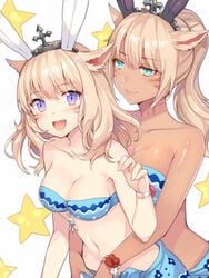 2girls :d animal_ears aqua_bikini aqua_eyes arm bandeau bare_shoulders bikini bikini_top blonde_hair blue_bikini blue_swimsuit blush bracelet breasts bunny_ears cat_ears cleavage collarbone cute_fang dark_skin facial_mark fake_animal_ears female female_only final_fantasy final_fantasy_xiv flower from_behind green_eyes hair_ornament highres hug hug_from_behind large_breasts long_hair looking_at_another looking_at_viewer midriff miqo'te momoko_(momopoco) multiple_girls navel neck open_mouth ponytail purple_eyes sarong shiny shiny_hair shiny_skin short_hair simple_background slit_pupils smile star strapless strapless_bikini strapless_swimsuit swimsuit tiara tied_hair tubetop white_background yuri