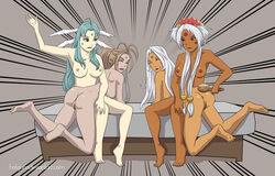 4girls ansuz bed belldandy breasts color dark-skinned_female dark_skin facial_markings female goddess hild hotgum long_hair mother mother_and_daughter multiple_girls nude oh_my_goddess! pale-skinned_female pale_skin pussy siblings sisters spanking urd white_hair