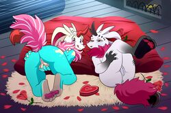 2015 anthro anus ass bedroom_eyes berry black_eyes clitoris detailed_background duo eyebrows eyelashes female flossy flower food fruit fur half-closed_eyes heart horn leaf lonbluewolf looking_at_viewer looking_back lying masturbation multicolored_fur pawpads paws penetration pink_nose plant presenting presenting_anus presenting_hindquarters presenting_pussy pussy raised_tail rose rug seductive tongue tongue_out unknown_species vaginal_masturbation vaginal_penetration white_fur white_sclera