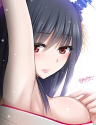 1girls 2015 arm_up armpits artist_request black_hair blasowa breasts close-up detached_sleeves female female_only floral_print fusou_(kantai_collection) hair_between_eyes hair_ornament hand_on_own_chest highres japanese_clothes kantai_collection large_breasts nontraditional_miko parted_lips portrait red_eyes short_hair showing_armpits simple_background solo