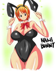 1girls 2011 animal_costume bowtie bunny bunny_costume bunny_ears bunny_outfit bunnysuit detached_collar female female_only high_resolution hourglass_figure nami one_piece poyonken short_hair solo tagme w_arms wrist_cuffs