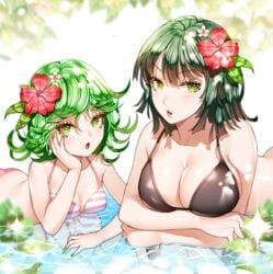 2girls :o bangs bikini black_bikini black_hair blurry blush breast_hold breasts cleavage collarbone esper_sisters_(one-punch_man) female_only flower fubuki_(one-punch_man) green_eyes green_hair green_nails hair_flower hair_ornament halterneck large_breasts leaf looking_at_viewer lying multiple_girls nail_polish on_stomach one-punch_man pisshine reflection short_hair siblings sisters sparkle string_bikini striped summer tatsumaki upper_body water