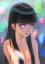 1girls absurdres bangs black_hair blue_eyes blunt_bangs blurry bokeh breasts cleavage collarbone darkmuleth depth_of_field expressionless eyes female female_only hair_censor hair_over_breasts highres hime_cut lips long_hair nude original original_character signature solo upper_body