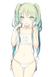 :o aqua_eyes aqua_hair bandeau blush bra breasts cleavage collarbone cowboy_shot eyebrows eyebrows_visible_through_hair female hair_between_eyes hatsune_miku jewelry lingerie long_hair looking_at_viewer lp_(hamasa00) midriff navel open_mouth panties pendant ribbon side-tie_panties sidelocks simple_background solo standing stomach thigh_gap tied_hair twintails underwear very_long_hair vocaloid white_background white_bra