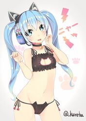 animal_ears aqua_eyes bell bell_collar blue_hair blush breasts cat_cutout cat_ears cat_keyhole_bra cat_lingerie choker cleavage cleavage_cutout collar cowboy_shot cute_fang female hatsune_miku headset jingle_bell kureha_(tomo-yuki) long_hair looking_at_viewer navel open_mouth panties side-tie_panties smile solo tied_hair twintails twitter_username underwear underwear_only vocaloid