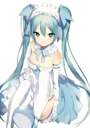 alternate_costume bare_shoulders blue_eyes blue_hair blush bow breasts cleavage detached_collar dress female frills gloves hair_between_eyes hairbow hatsune_miku long_hair looking_at_viewer lp_(hamasa00) maid_headdress shoes simple_background sitting smile solo strapless strapless_dress thighhighs tied_hair twintails upskirt very_long_hair vocaloid white_background white_gloves white_legwear