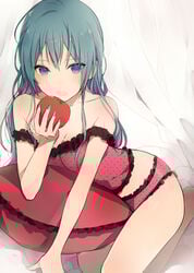 apple blue_eyes blue_hair camisole cushion female food fruit hair_down hatsune_miku holding long_hair lp_(hamasa00) off_shoulder panties pillow solo underwear vocaloid