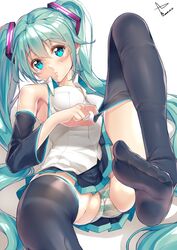 aqua_hair bare_shoulders black_legwear blue_eyes detached_sleeves feet female hair_ornament hatsune_miku leg_up long_hair long_sleeves looking_at_viewer no_shoes panties pantyshot shirt sitting skirt solo striped striped_panties thighhighs thighs tied_hair twintails underwear upskirt very_long_hair vocaloid wide_sleeves yatsu_(sasuraino)