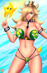 1girls 1other blonde_hair blue_eyes bowser_(cosplay) bra breasts cleavage crown earrings female female_focus horns human large_breasts long_hair luma mario_(series) navel nintendo princess_rosalina revealing_clothes standing super_mario_galaxy svoidist wand