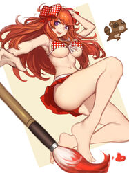 1girls barefoot bikini bikini_skirt blush bow breasts calligraphy_brush copyright_request evan_yang female female_only front-tie_top gekkan_shoujo_nozaki-kun hairbow light-skinned_female light_skin long_hair midriff navel open_mouth orange_hair paintbrush polka_dot polka_dot_bikini_top polka_dot_bow purple_eyes red_bikini red_swimsuit sakura_chiyo skirt smile solo solo_female swimsuit underboob