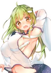 1girls animal_between_breasts arm_up armpits between_breasts blush breasts brown_eyes crying crying_with_eyes_open detached_sleeves female female_only frog_hair_ornament green_hair hair_ornament japanese_clothes large_breasts long_hair long_sleeves midriff miko navel open_mouth sanae_kochiya see-through showing_armpits simple_background skirt snake snake_hair_ornament solo tears touhou upper_body white_background wide_sleeves yukizumi_remon