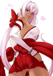 :d bare_shoulders bow breasts dark-skinned_female dark_skin detached_sleeves female hakama hands_on_hips horn japanese_clothes kiyoko3sai long_hair long_sleeves looking_at_viewer looking_back no_panties open_mouth original pink_eyes pointy_ears pussy sideboob smile solo very_long_hair white_hair wrist_cuffs