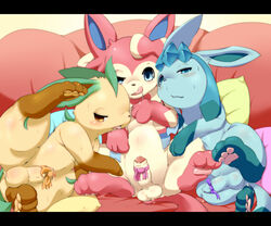 after_sex anus balls bed blush censored cum cum_inside eeveelution feral fur glaceon group leafeon male male_only nintendo okunawa penis pillow pokemon pokemon_(species) precum presenting presenting_penis sweat sylveon video_games