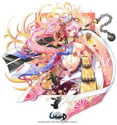 ass blush breasts copyright_name female fundoshi geta hair_ornament high_res large_breasts long_hair looking_at_viewer name_tag official_artwork open_mouth pink_eyes pink_hair poseich solo sparkle sword thighhighs unleashed weapon white_legwear wide_sleeves