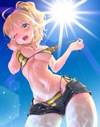 1girls ;d ahoge bikini bikini_pull blonde blue_sky blush breasts cleavage cropped curvaceous denim denim_shorts female female_only green_eyes hair happy heart heart-shaped_pupils hoshii_miki humanoid idolmaster liquid long_hair looking_at_viewer maru_(cyclo-) maru_(sara_duke) marudayo medium_breasts navel one_eye_closed open_fly open_mouth ponytail pulled_by_self scrunchie shiny shiny_skin short_shorts shorts side-tie_bikini sky smile solo string_bikini striped striped_bikini striped_swimsuit sun sunlight swimsuit symbol-shaped_pupils teeth tied_hair unbuttoned underboob undressing untied untied_bikini unzipped viewed_from_below wet wide_hips wink