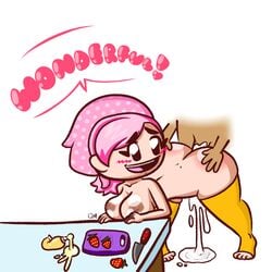 areolae ass ass_grab bent_over blush breast_rest breasts cooking_mama cum cum_drip cum_in_pussy cum_inside dialogue female happy_sex heart human large_areolae male mama_(cooking_mama) milf mob_face no_nose open_mouth papa_(cooking_mama) pink_hair quackmeister sex smiling speech_bubble straight thick_thighs thighhighs toeless_legwear unseen_male_face