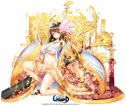 1girls areola_slip black_hair blush breasts clog_sandals copyright_name female female_only hair_ornament high_res jewelry large_breasts legs long_hair looking_at_viewer name_tag navel necklace nipple_slip nipples official_artwork one_knee poseich scabbard sheathed smile solo sparkle sword unleashed weapon wide_sleeves yellow_eyes