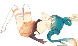 aqua_hair black_gloves elbow_gloves female gloves green_eyes hatsune_miku long_hair looking_at_viewer lp_(hamasa00) lying mismatched_legwear on_back simple_background single_glove solo strap_slip thighhighs tied_hair twintails vocaloid white_background white_legwear