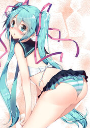 1girls aqua_eyes aqua_hair ass bikini blue_eyes blush female hair_ribbon hatsune_miku long_hair open_mouth panties pantyshot ribbon short_hair skirt sleeveless solo striped striped_bikini striped_panties swimsuit thighhighs tied_hair twintails underwear upskirt very_long_hair vocaloid yatsu_(sasuraino)