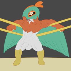 1boy abs anthro avian balls big_muscles fighting_ring flat_colors front_view half-erect hawlucha humanoid_penis leaning leaning_back long_foreskin male male_only mask muscular nintendo open_mouth pecs penis pokemon pokemon_(species) posexe solo standing sweat uncut video_games