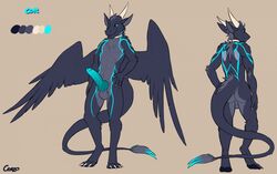 1boy anthro ass blue_eyes blue_penis cerezo claws dragon erection feathered_wings feathers horn knot male male_only penis smile solo standing wings