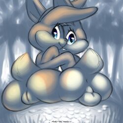 anthro anus ass backsack balls big_ass big_butt blue_eyes cute dickgirl duo eyelashes female forest futanari intersex lagomorph long_ears looking_at_viewer mammal nervous pussy rabbit rock shy sitting smile tree xylas