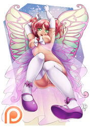 1girls anklet armpits bow breasts butterfly elbow_gloves fairy fairy_wings female from_below full_body gloves green_eyes hair_ornament highres huniepop jewelry kyu_sugardust mary_janes naked_footwear nipples nude open_mouth patreon patreon_logo pink_hair pussy see-through shoes signature smile solo tetisuka thighhighs white_gloves white_legwear wings