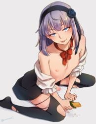 1boy arched_back bangs bare_shoulders black_legwear black_skirt blue_eyes blunt_bangs blush bowtie censored collarbone crossdressing crumbs cum dagashi_kashi erection femboy flower girly grey_background hair_flower hair_ornament hairband head_tilt looking_at_viewer male male_only miniskirt mosaic_censoring nipples no_shoes off_shoulder open_clothes open_mouth open_shirt pantyhose penis precum purple_hair red_bowtie rule_63 sennomori_maitake shidare_hotaru shirt simple_background sitting skirt solo tongue tongue_out torn_clothes torn_pantyhose trap twitter_username umaibou uratari wariza white_blouse