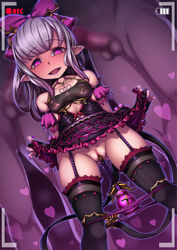 1girls 2boys absurdres blush breasts censored corruption dark_persona dress dress_lift earrings female granblue_fantasy heart heart-shaped_pupils highres jewelry lilulu miyashiro_nana-san_yonban multiple_penises nipple_piercing nipple_rings nipples object_insertion panties panty_pull penetration penis piercing pointy_ears purple_eyes purple_hair recording see-through solo_focus straight symbol-shaped_pupils tattoo thighhighs underwear vaginal_object_insertion vaginal_penetration viewfinder