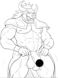 abs balls blush bottomless bovine censored clothing flaccid male male_only mammal minotaur muscular pecs penis simple_background slap_up_party_arad_senki solo white6000 white_background