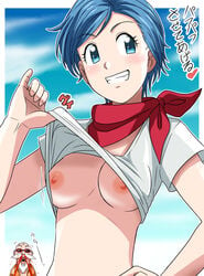 1boy 1girls :d age_difference areola areolae arm arms art bald blood blue_eyes blue_hair blush breasts breasts_out bulma_briefs clenched_teeth dragon_ball dragon_ball_super earrings female flashing grin hand_on_hip happy heart human jewelry kakkii looking_at_another looking_at_viewer male master_roshi medium_breasts milf nipples nosebleed old open_mouth red_scarf scarf shirt shirt_lift short_hair short_sleeves smile sunglasses teeth text translation_request upshirt white_shirt