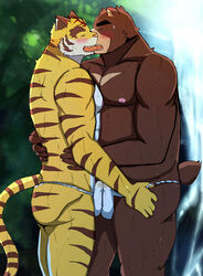 abs anthro bear bearlovestiger13 blue_fur blush brown_fur clothed clothing duo feline frottage fundoshi fur grinding japanese_clothing juuichi_mikazuki licking male mammal morenatsu muscular muscular_male nipples pecs sex shirt simple_background striped_fur stripes tiger tongue tongue_out torahiko_(morenatsu) underwear yaoi