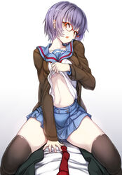 1boy black_legwear bra breasts collarbone cum female glasses highres kyokucho looking_at_viewer nagato_yuki navel necktie open_mouth purple_hair short_hair simple_background skirt straddling suzumiya_haruhi_no_shoushitsu suzumiya_haruhi_no_yuuutsu thighhighs underwear white_background yellow_eyes