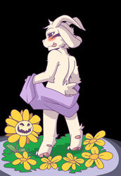 asriel_dreemurr barefoot blush caprine clothing digitigrade duo flowey_the_flower goat looking_at_viewer looking_back male male_only mammal nude pinup pose rear_view saku1saya solo_focus standing tongue tongue_out undertale undressing video_games