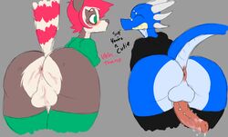 anthro ass backsack balls big_ass buru_(jaynatorburudragon) canine clothes cum cum_on_ass cum_on_penis dragon girly jaynatorburudragon male mammal penis raised_tail rikki wolf