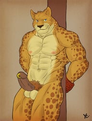 1boy 2015 abs anthro balls biceps black_fur blue_eyes bound erection feline fur leopard looking_at_viewer male male_only mammal muscular muscular_male navel nipples nude pecs penis piercing pubes rope shadowwow smile smirk solo spots standing vein veiny_penis white_fur yellow_fur