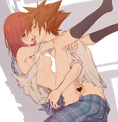 1boy against_wall breasts brown_hair female kairi kingdom_hearts kingdom_hearts_ii looking_at_another male/female male_on_female male_penetrating_female medium_hair naked_shirt necktie nipples pants pants_down plaid plaid_pants plaid_skirt purple_eyes ramochi_(auti) red_hair school_uniform shirt skirt sora standing_sex straight suspended_congress teenage_boy teenage_couple teenager vaginal_penetration wall white_shirt young_couple