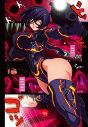 2girls big_ass big_breasts black_hair bodysuit comic doujinshi gun hentai heroine holding_weapon koutarou mask masked_female monster monster_girl multiple_girls shooting short_hair spanish_text superheroine tagme tentacle tentacles thick_thighs