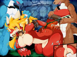 1girls 2boys anthro blush breasts censored dragon dragoon86 female group hair male nipples nude open_mouth penetration penis straight vaginal_penetration