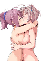 2girls ahoge antenna_hair aoba_(kantai_collection) blush breast_press breasts female hair_tie kakiha_makoto kantai_collection kinugasa_(kantai_collection) kissing multiple_girls nude pink_hair ponytail remodel_(kantai_collection) scrunchie side_ponytail sideboob simple_background tied_hair white_background yuri