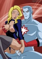 anal anal_sex black_canary blonde_hair blue_eyes blush breast_grab breasts captain_atom cum cum_in_ass cum_inside dc dc_comics dcau dinah_lance ejaculation_while_penetrated female green_arrow_(series) human jacket justice_league_unlimited justicehentai.com large_breasts lipstick male netorare nipples penis sex straight thighhighs thighs topless torn_clothes uncensored