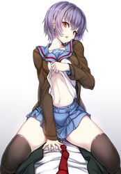 1boy black_legwear bra breasts collarbone cum female highres kyokucho looking_at_viewer nagato_yuki navel necktie open_mouth purple_hair short_hair simple_background skirt straddling suzumiya_haruhi_no_shoushitsu suzumiya_haruhi_no_yuuutsu thighhighs underwear white_background yellow_eyes