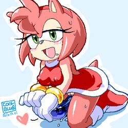 <3_eyes amy_rose anthro ass black_nose blush boots bottomless breasts clothed clothing coolblue dildo english_text female footwear furry gloves green_eyes hair half-closed_eyes headband heart hedgehog mammal open_mouth pink_hair ring sex sex_toy short_hair signature solo sonic_(series) sweat text video_games