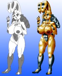 anthro areola big_breasts big_ears black_fur black_hair breasts bunbun chest_tuft dark_hair drill_hair fan_character female floppy_ears fluffy fur hair hi_res huge_breasts humanoid lagomorph looking_at_viewer mammal markings mature multicolored_hair navel nipples nude original original_character pattern pussy rabbit simple_background socks_(marking) solo speckled spots standing thick_thighs tuft voluptuous wide_hips yellow_fur