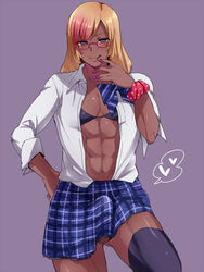 1boy abs ambush_(trap) androgynous crossdressing dark-skinned_femboy dark-skinned_male dark_skin erection_under_clothes femboy girly gyaru heart-shaped_pupils kuro_gyaru licking_lips male mogiki_hayami muscles muscular_femboy muscular_male muscular_trap penis_under_skirt skirt skirt_lift solo solo_male thick_thighs trap