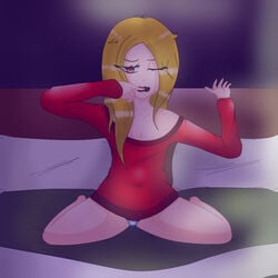 alejandra_(eliaz-deviants) bed bedroom blonde_hair blush clothes clothing eliaz-deviants female half-closed_eyes innocent legs light_skin long_hair on_bed one_eye_closed open_mouth panties red_eyes shirt small_breasts solo sweat underwear young