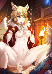 animal_ears blush breasts cowgirl_position cum cum_in_pussy cum_inside erect_nipples erection female fire_emblem fire_emblem_fates fox fox_ears fox_tail golden_hair hair heart hmage male mammal nipples on_top open_clothes open_shirt penetration penis pubes pussy_juice selkie selkie_(fire_emblem) sex shirt straight tongue tongue_out vaginal_penetration yellow_eyes