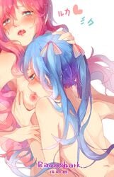 2016 2girls artist_name baozishark blue_eyes blue_hair blush breasts character_name dated female hand_on_another's_head hatsune_miku heart heart-shaped_pupils highres licking long_hair megurine_luka multiple_girls nipple_licking nipples nude open_mouth red_hair saliva symbol-shaped_pupils tied_hair twintails vocaloid white_background yuri