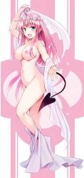 1girls ahoge areolae breasts completely_naked completely_naked_female demon_tail female flower_crown green_eyes lala_satalin_deviluke long_hair medium_breasts nipples pink_hair pussy sheets tail to_love-ru to_love-ru_darkness