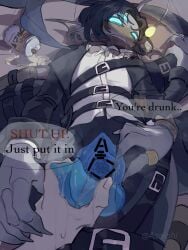 1boy 1other 2_penises 3_arms 3_eyes already_uploaded anglerfish_boy asaichi bar_censor belt black_hair black_jacket blue_eyes breath brown_scarf can censored claws cuntboy cuntboy_sans_balls diphallia diphallism drink_can empty_eyes english_text fins frills head_fins herm hermaphrodite highres intersex jacket looking_at_viewer lying male maleherm merfolk merman multi_arm multi_eye multi_genitalia multi_limb multi_penis on_back penis penis_below_pussy pointless_censoring pov pov_hands pressure_(roblox) pussy pussy_juice pussy_tentacle repost scarf sebastian_solace sharp_teeth shirt short_hair speech_bubble spread_pussy tail teeth white_shirt